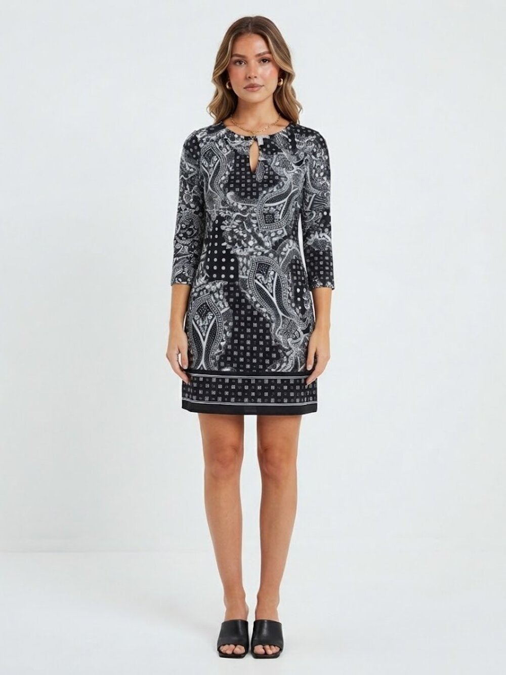 White House Black Market Women's Black Paisley Shift Dress Polyester Size M